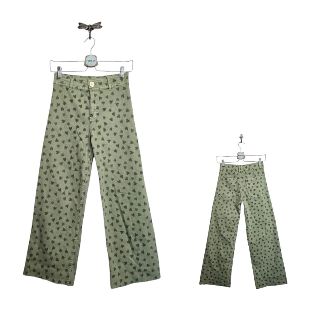 ZARA Girls Green Heart Print Pants | Size 11-12 | Trendy Wide Leg